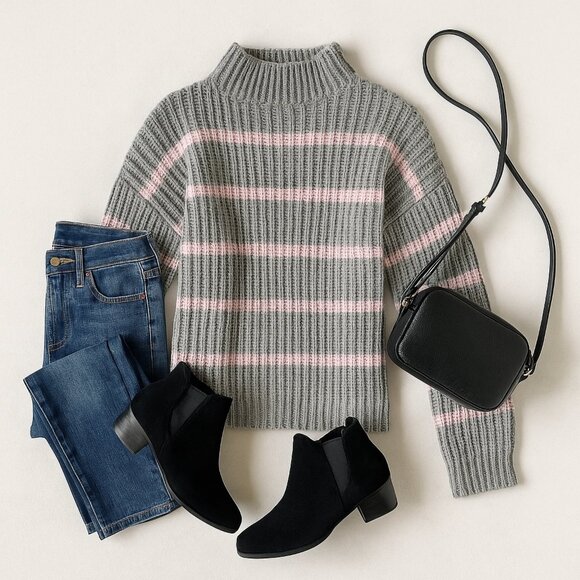 Caslon Mock Neck Sweater Gray Pink Stripe Soft Girl Cozy Core Small - Picture 2 of 7